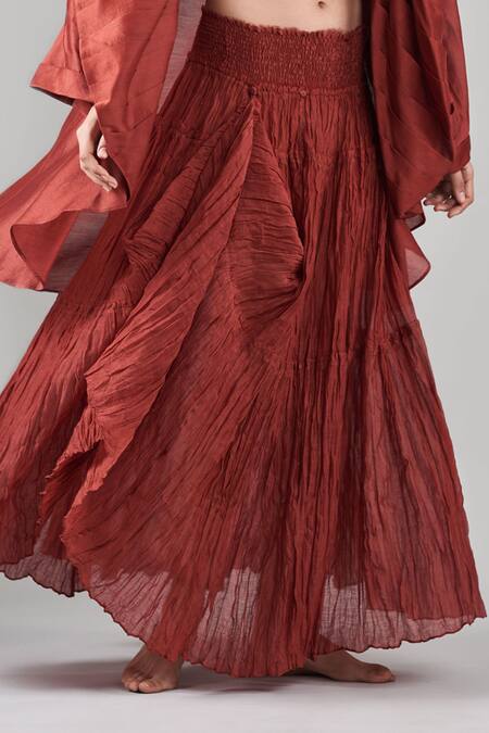 Shop Ituvana Brown Chanderi Open , Round Pleated Skirt Set With Jacket Online at Aza Fashions Shop_Ituvana_Brown Chanderi Open , Round Pleated Skirt Set With Jacket _Online_at_Aza_Fashions