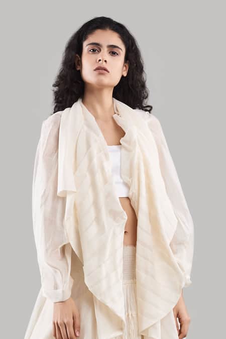 Shop Ituvana White Chanderi Open , Round Skirt Jacket Set at Aza Fashions Shop_Ituvana_White Chanderi Open , Round Skirt Jacket Set _at_Aza_Fashions
