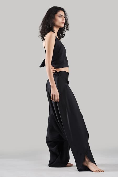 Shop Ituvana Black Silk V-neck Top And Dhoti Pant Set at Aza Fashions Shop_Ituvana_Black Silk V-neck Top And Dhoti Pant Set _at_Aza_Fashions