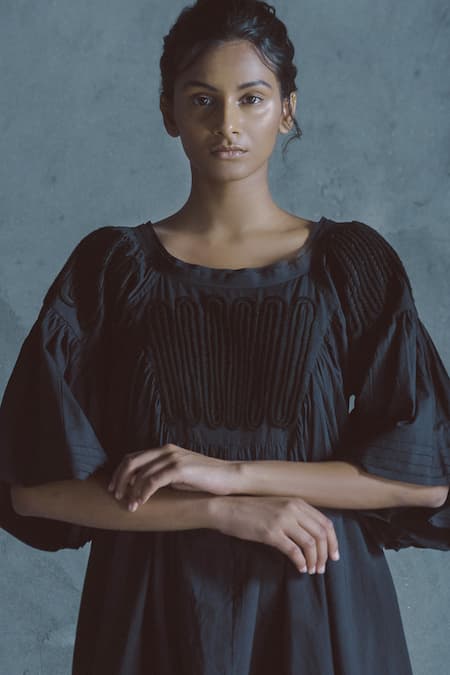 Shop Ituvana Black Cotton Round Neck Asymmetric Hemline Dori Embroidered Dress at Aza Fashions Shop_Ituvana_Black Cotton Round Neck Asymmetric Hemline Dori Embroidered Dress _at_Aza_Fashions