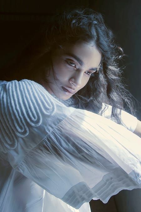 Shop Ituvana White Cotton Diamonds Round Neck Dori Embroidered Asymmetric Dress at Aza Fashions Shop_Ituvana_White Cotton Diamonds Round Neck Dori Embroidered Asymmetric Dress _at_Aza_Fashions