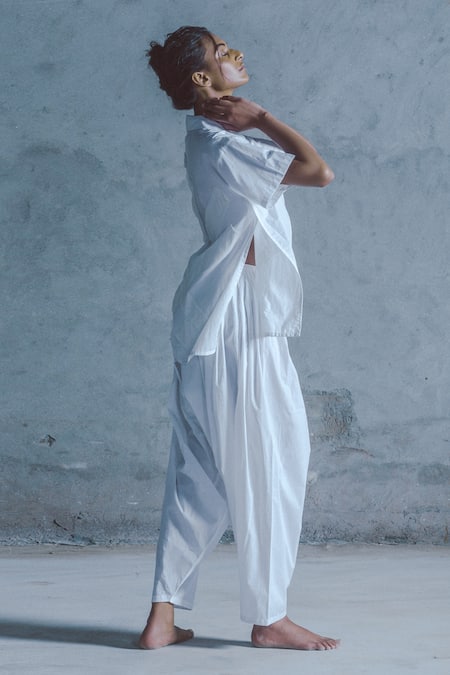 Shop Ituvana White Cotton Applique Collared Shirt And Salwar Set at Aza Fashions Shop_Ituvana_White Cotton Applique Collared Shirt And Salwar Set _at_Aza_Fashions