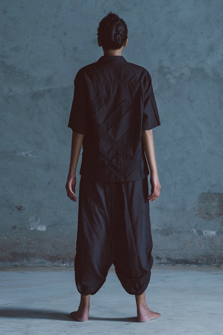 Shop Ituvana Black Cotton Applique Collared Geometric Shirt And Dhoti Pant at Aza Fashions Shop_Ituvana_Black Cotton Applique Collared Geometric Shirt And Dhoti Pant _at_Aza_Fashions