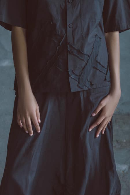 Shop Ituvana Black Cotton Applique Collared Geometric Shirt And Dhoti Pant Online at Aza Fashions Shop_Ituvana_Black Cotton Applique Collared Geometric Shirt And Dhoti Pant _Online_at_Aza_Fashions