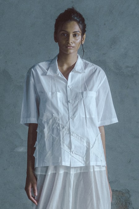 Shop Ituvana White Cotton Applique Collared Geometric Shirt And Dhoti Pant Set at Aza Fashions Shop_Ituvana_White Cotton Applique Collared Geometric Shirt And Dhoti Pant Set _at_Aza_Fashions