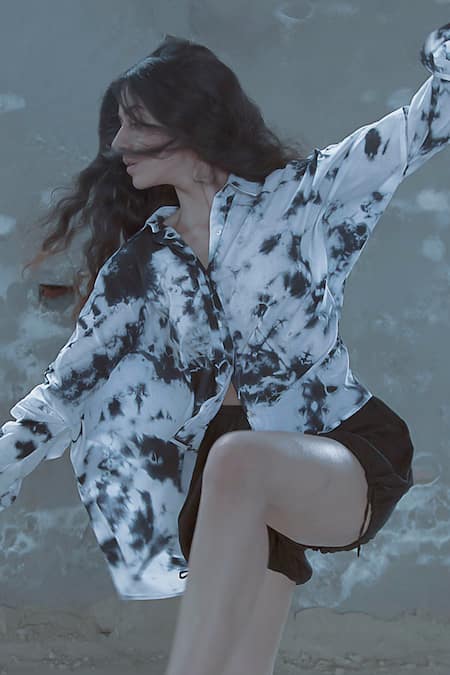 Shop Ituvana Black Cotton Embroidery Collared And White Tie Dye Shirt & Shorts Set at Aza Fashions Shop_Ituvana_Black Cotton Embroidery Collared And White Tie Dye Shirt & Shorts Set _at_Aza_Fashions