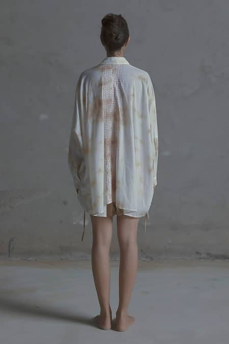 Shop Ituvana Beige Cotton Embroidery Collared Tie Dye Shirt And Shorts Set at Aza Fashions Shop_Ituvana_Beige Cotton Embroidery Collared Tie Dye Shirt And Shorts Set _at_Aza_Fashions