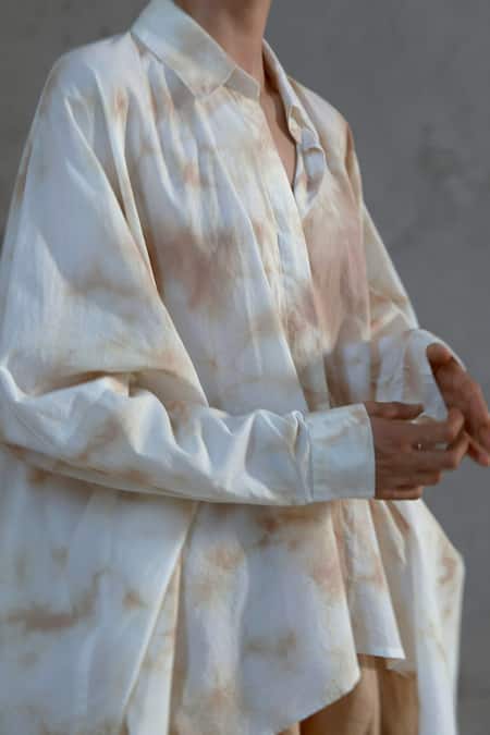 Ituvana Beige Cotton Embroidery Collared Tie Dye Shirt And Shorts Set Online at Aza Fashions Ituvana_Beige Cotton Embroidery Collared Tie Dye Shirt And Shorts Set _Online_at_Aza_Fashions