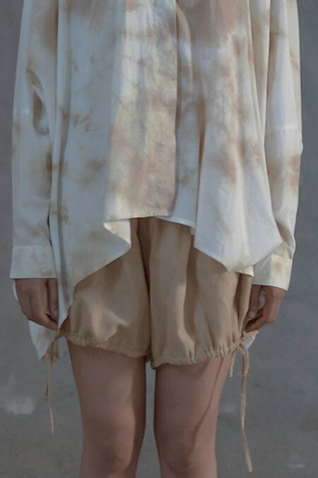 Shop Ituvana Beige Cotton Embroidery Collared Tie Dye Shirt And Shorts Set Online at Aza Fashions Shop_Ituvana_Beige Cotton Embroidery Collared Tie Dye Shirt And Shorts Set _Online_at_Aza_Fashions