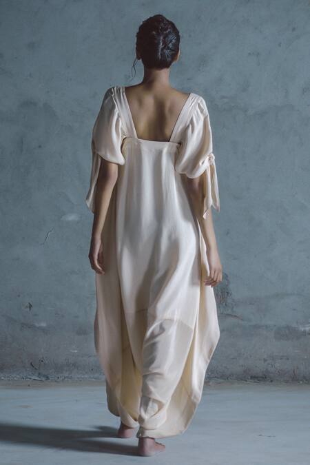 Shop_ituvana_Beige Silk Square Neck Draped Jumpsuit _at_Aza_Fashions