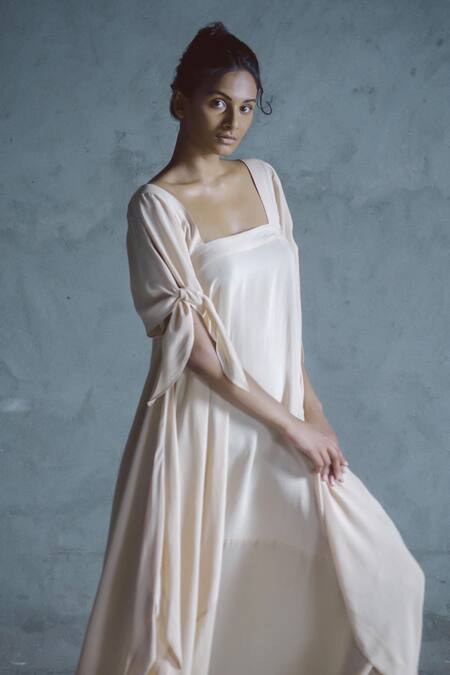 ituvana_Beige Silk Square Neck Draped Jumpsuit _Online_at_Aza_Fashions
