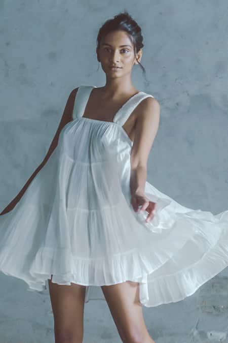 Shop Ituvana White Cotton Square Neck Dori Embroidered Tiered Dress at Aza Fashions Shop_Ituvana_White Cotton Square Neck Dori Embroidered Tiered Dress _at_Aza_Fashions