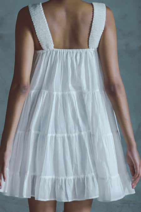 Ituvana White Cotton Square Neck Dori Embroidered Tiered Dress Online at Aza Fashions Ituvana_White Cotton Square Neck Dori Embroidered Tiered Dress _Online_at_Aza_Fashions