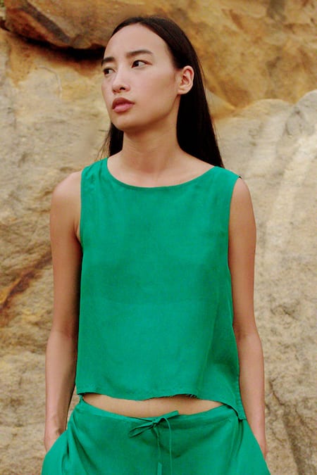 Shop Ituvana Green Silk Round Neck Top And Skirt Set at Aza Fashions Shop_Ituvana_Green Silk Round Neck Top And Skirt Set _at_Aza_Fashions