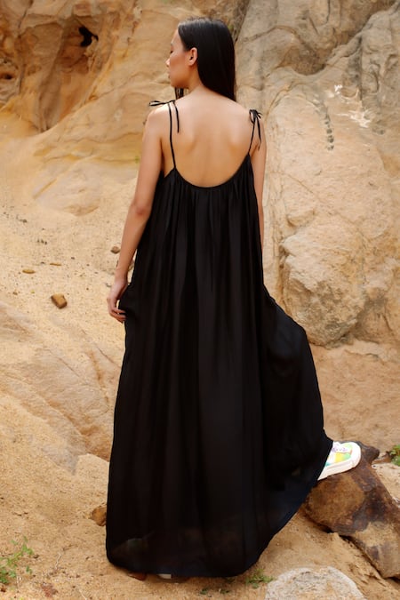 Shop_Ituvana_Black Silk Square Neck Strappy Maxi Dress _at_Aza_Fashions