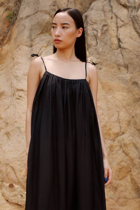 Ituvana_Black Silk Square Neck Strappy Maxi Dress _Online_at_Aza_Fashions