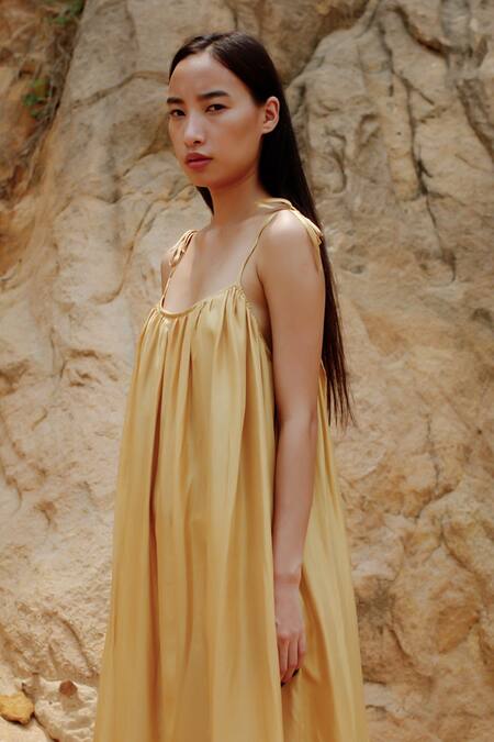 Ituvana_Gold Silk Square Neck Shoulder Tie Maxi Dress _Online_at_Aza_Fashions