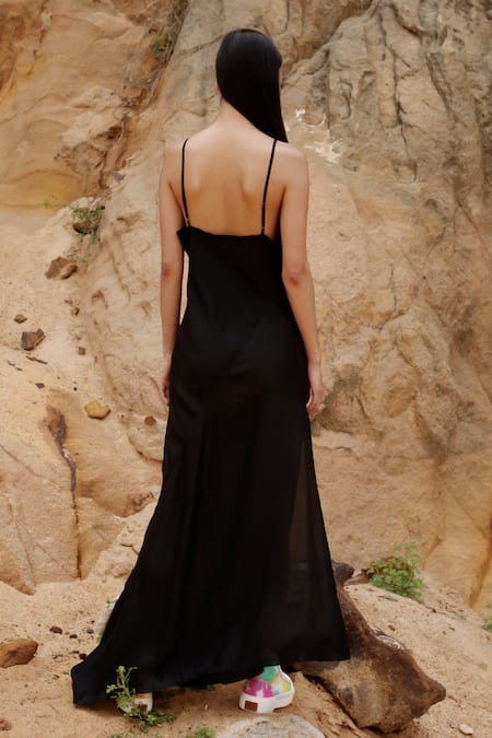 Shop Ituvana Black Silk Square Neck Knotted Maxi Dress at Aza Fashions Shop_Ituvana_Black Silk Square Neck Knotted Maxi Dress _at_Aza_Fashions