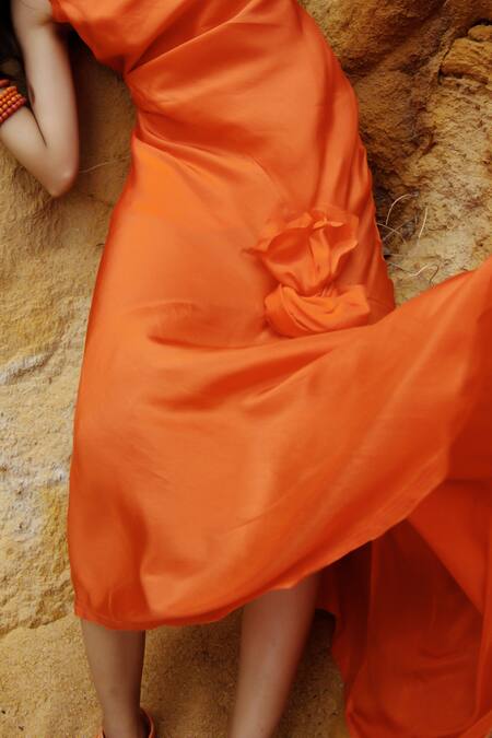 Ituvana Orange Silk Square Neck Maxi Slip Dress Online at Aza Fashions Ituvana_Orange Silk Square Neck Maxi Slip Dress _Online_at_Aza_Fashions
