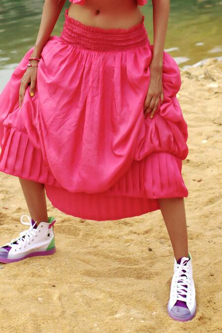 Ituvana_Fuchsia Silk Square Neck Crop Top And Balloon Skirt Set _Online_at_Aza_Fashions