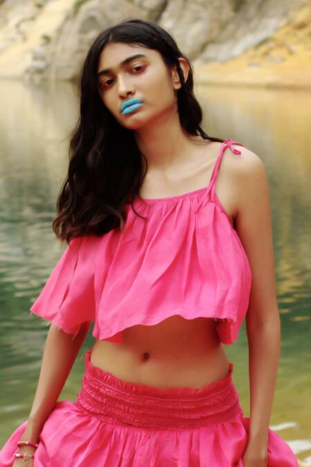 Buy_Ituvana_Fuchsia Silk Square Neck Crop Top And Balloon Skirt Set _Online_at_Aza_Fashions