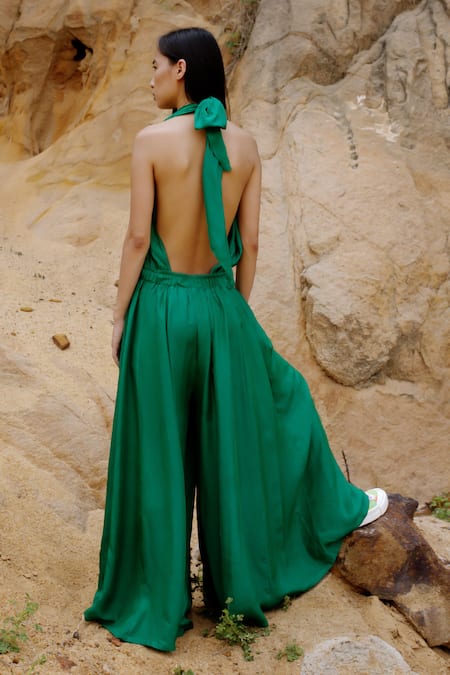 Shop Ituvana Emerald Green Silk Halter Neck Jumpsuit at Aza Fashions Shop_Ituvana_Emerald Green Silk Halter Neck Jumpsuit _at_Aza_Fashions