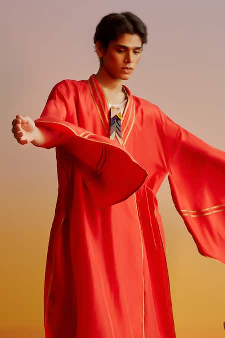 Ituvana Orange Silk Gota Work Kimono Kurta Set 