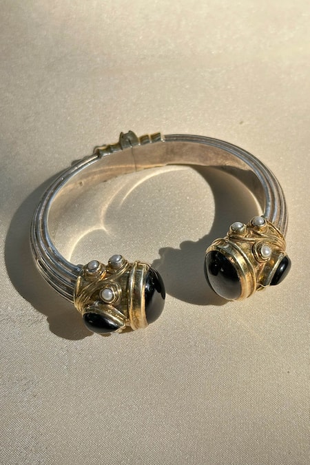 Anuka Jewels_Black Stones, Pearls Gold And Onyx Cuff Bracelet _Online_at_Aza_Fashions