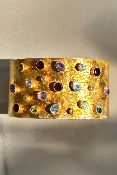 Shop Anuka Jewels Multi Color Stones Textured Cuff Bracelet With Colorstone Embellishments at Aza Fashions Shop_Anuka Jewels_Multi Color Stones Textured Cuff Bracelet With Colorstone Embellishments _at_Aza_Fashions