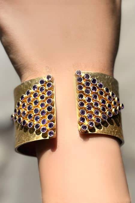 Anuka Jewels Gold Plated Stones Textured Amethyst Cuff Bracelet 