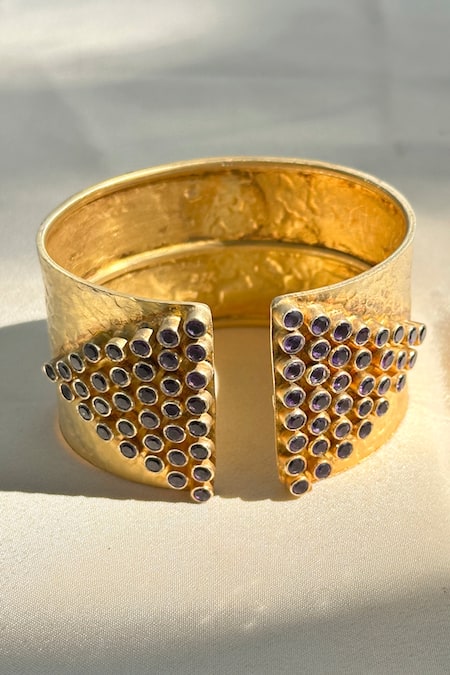 Shop Anuka Jewels Gold Plated Stones Textured Amethyst Cuff Bracelet at Aza Fashions Shop_Anuka Jewels_Gold Plated Stones Textured Amethyst Cuff Bracelet _at_Aza_Fashions