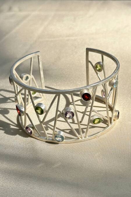 Anuka Jewels_Silver Plated Stones Colorstone Jaal Cuff Bracelet _Online_at_Aza_Fashions