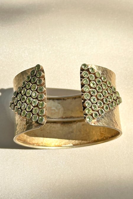 Anuka Jewels_Gold Plated Stones Textured Cuff Bracelet With Peridot _Online_at_Aza_Fashions
