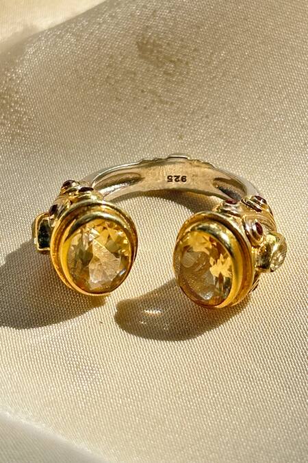 Shop Anuka Jewels Yellow Cut Work, Stones Citrine Adjustable Ring at Aza Fashions Shop_Anuka Jewels_Yellow Cut Work, Stones Citrine Adjustable Ring_at_Aza_Fashions