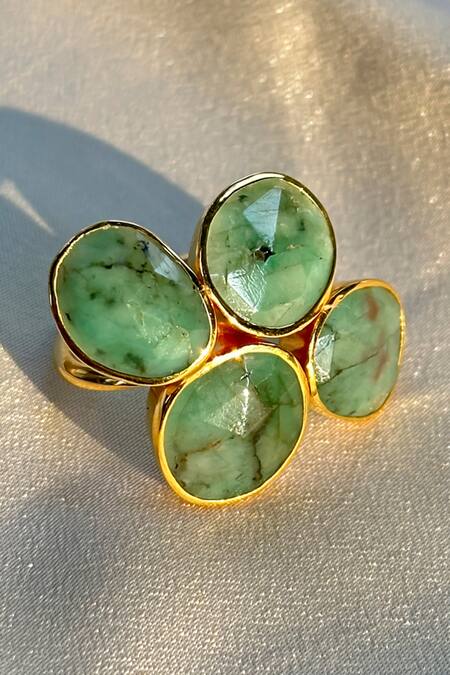 Shop Anuka Jewels Gold Plated Stones Emerald Adjustable Ring at Aza Fashions Shop_Anuka Jewels_Gold Plated Stones Emerald Adjustable Ring_at_Aza_Fashions