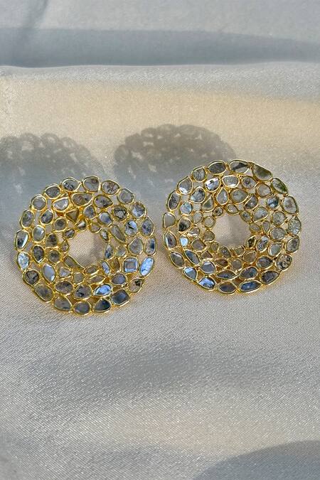 Shop Anuka Jewels Gold Plated Diamonds, Zari Polki Stud Earrings at Aza Fashions Shop_Anuka Jewels_Gold Plated Diamonds, Zari Polki Stud Earrings_at_Aza_Fashions