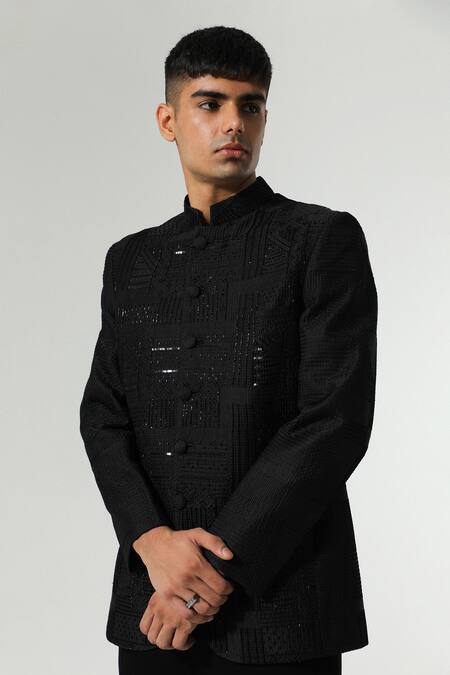 Shop_Sulakshna Jasra_Black Chanderi, Cotton Cut Work, Sequins, Embroidery Geometric Bandhgala Set _Online_at_Aza_Fashions