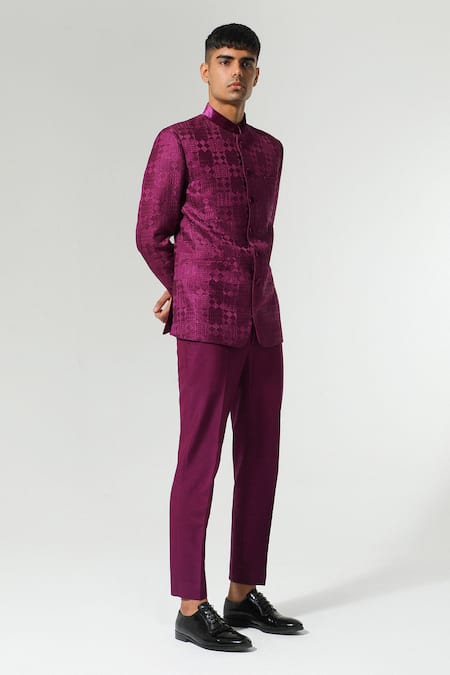 Sulakshna Jasra_Wine Chanderi, Cotton, Silk Embroidery Thread Bandhgala Set _Online_at_Aza_Fashions