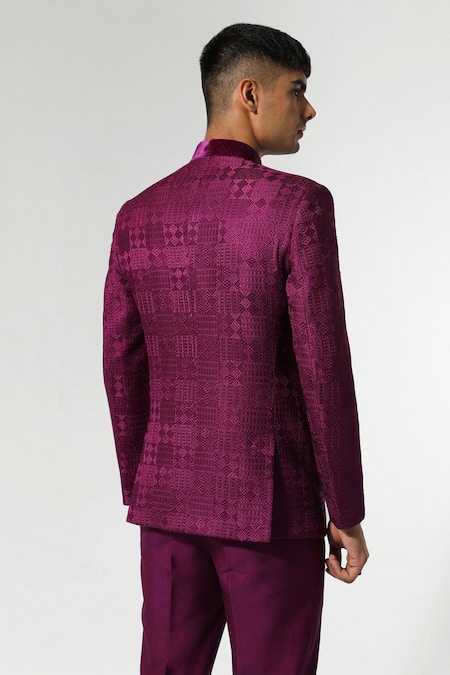 Buy_Sulakshna Jasra_Wine Chanderi, Cotton, Silk Embroidery Thread Bandhgala Set _Online_at_Aza_Fashions