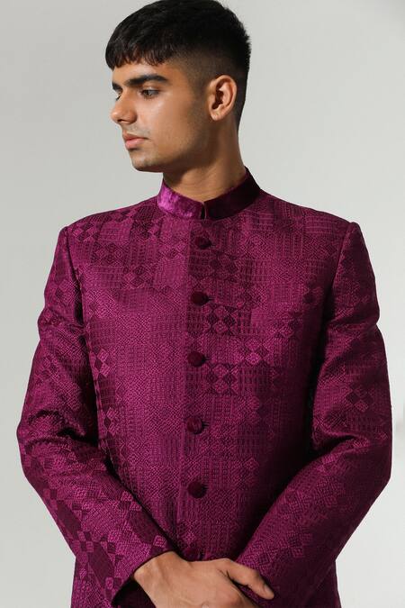 Shop_Sulakshna Jasra_Wine Chanderi, Cotton, Silk Embroidery Thread Bandhgala Set _Online_at_Aza_Fashions