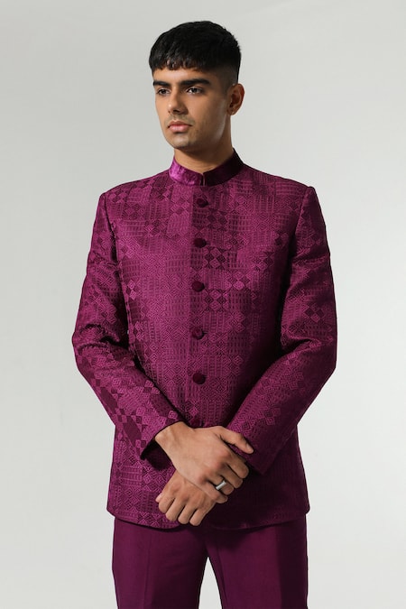 Sulakshna Jasra_Wine Chanderi, Cotton, Silk Embroidery Thread Bandhgala Set _at_Aza_Fashions