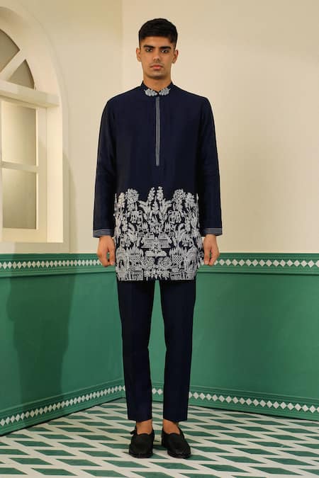 Sulakshna Jasra_Blue Cotton, Silk, Rayon Embroidery Navy Botanical Bandhgala Set _Online_at_Aza_Fashions