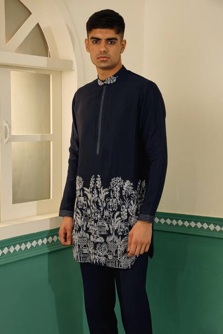 Buy_Sulakshna Jasra_Blue Cotton, Silk, Rayon Embroidery Navy Botanical Bandhgala Set _Online_at_Aza_Fashions