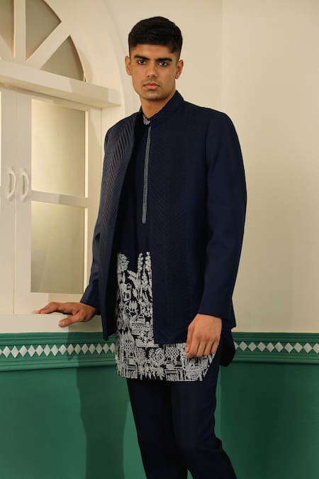 Shop_Sulakshna Jasra_Blue Cotton, Silk, Rayon Embroidery Navy Botanical Bandhgala Set _Online_at_Aza_Fashions