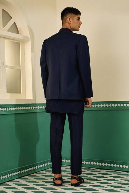 Sulakshna Jasra_Blue Cotton, Silk, Rayon Embroidery Navy Botanical Bandhgala Set _at_Aza_Fashions