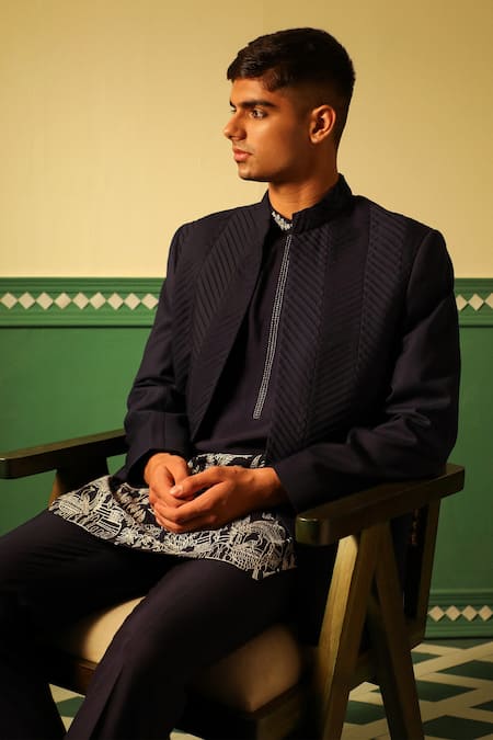 Buy_Sulakshna Jasra_Blue Cotton, Silk, Rayon Embroidery Navy Botanical Bandhgala Set 