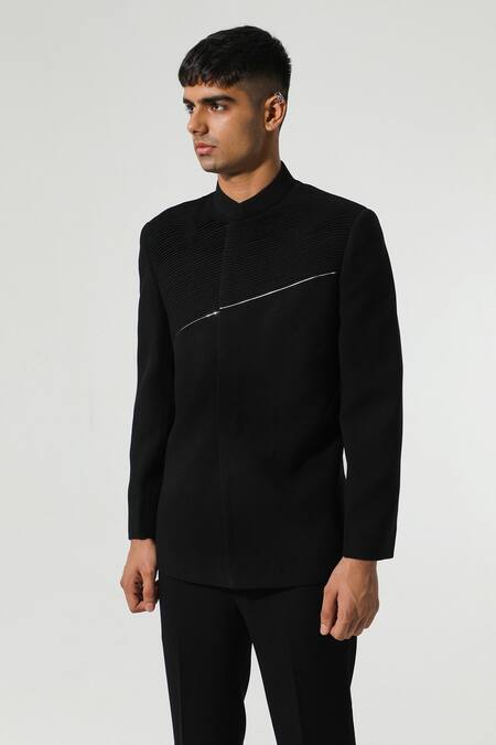 Sulakshna Jasra Black Terrycloth Metallic Thread Tape Embellished Bandhgala Set Online at Aza Fashions Sulakshna Jasra_Black Terrycloth Metallic Thread Tape Embellished Bandhgala Set _Online_at_Aza_Fashions