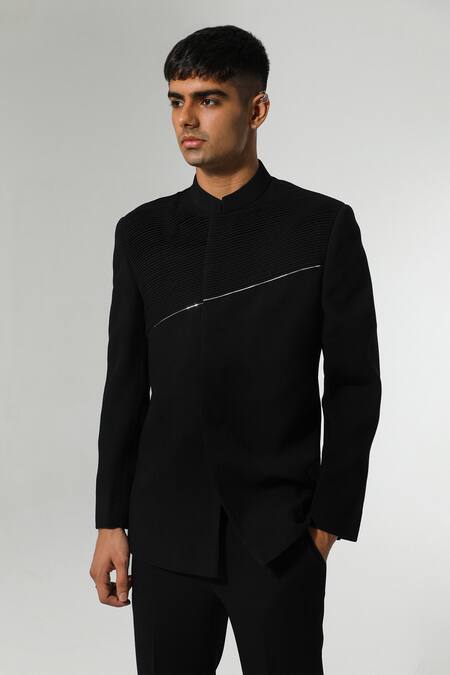 Buy Sulakshna Jasra Black Terrycloth Metallic Thread Tape Embellished Bandhgala Set Online at Aza Fashions Buy_Sulakshna Jasra_Black Terrycloth Metallic Thread Tape Embellished Bandhgala Set _Online_at_Aza_Fashions