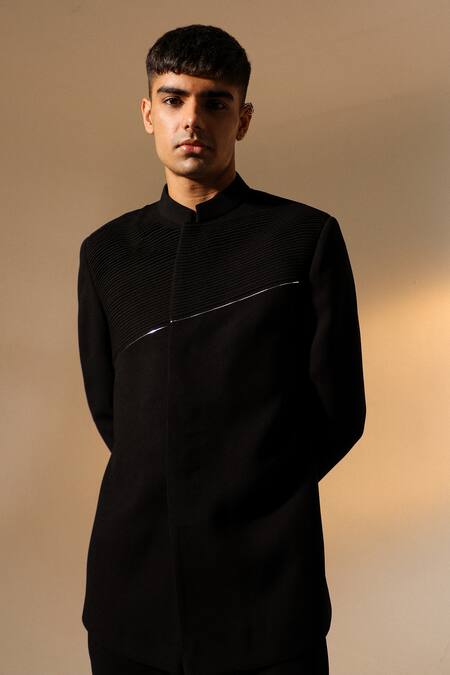 Sulakshna Jasra Black Terrycloth Metallic Thread Tape Embellished Bandhgala Set at Aza Fashions Sulakshna Jasra_Black Terrycloth Metallic Thread Tape Embellished Bandhgala Set _at_Aza_Fashions