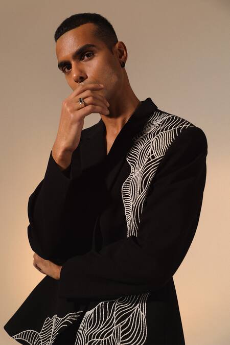 Shop_Sulakshna Jasra_Black Crepe Cut Work Dori Embroidered Suit And Pant Set _Online_at_Aza_Fashions